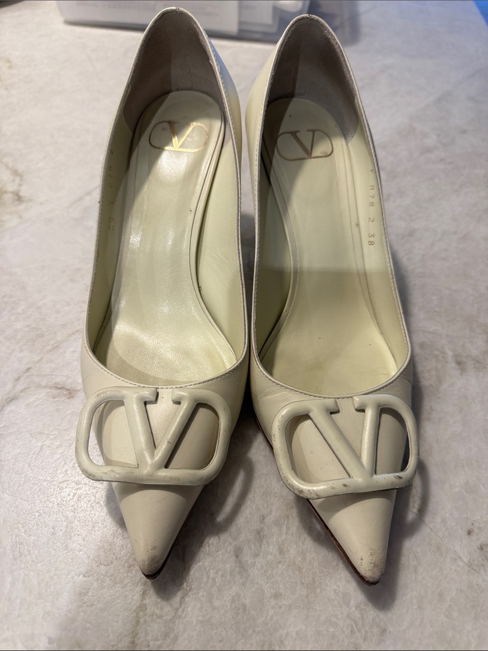 Valentino Cream Pointed Toe Logo Pumps size 3.8